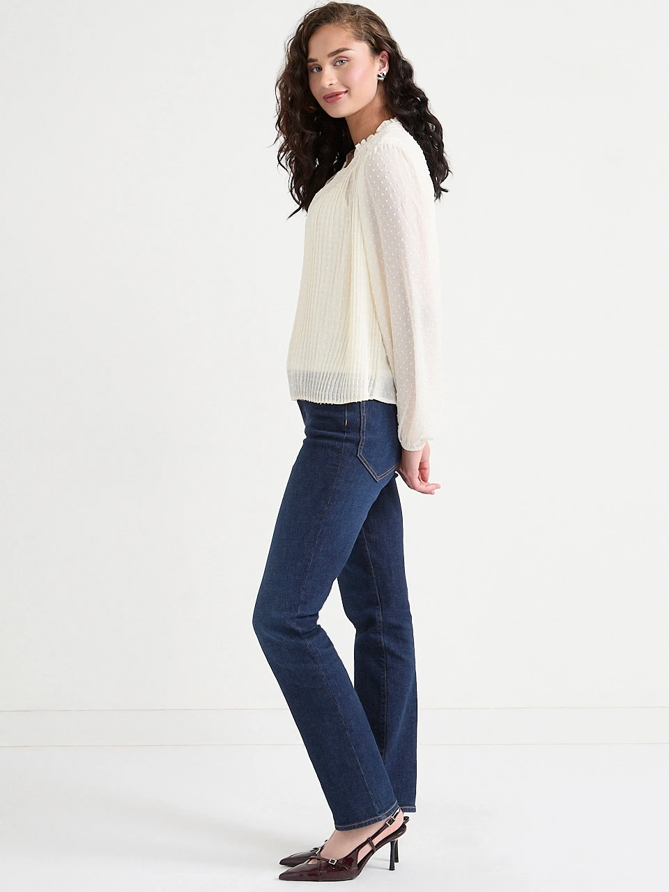 Long Sleeve Henley Swiss Dot Blouse in Pine Grove