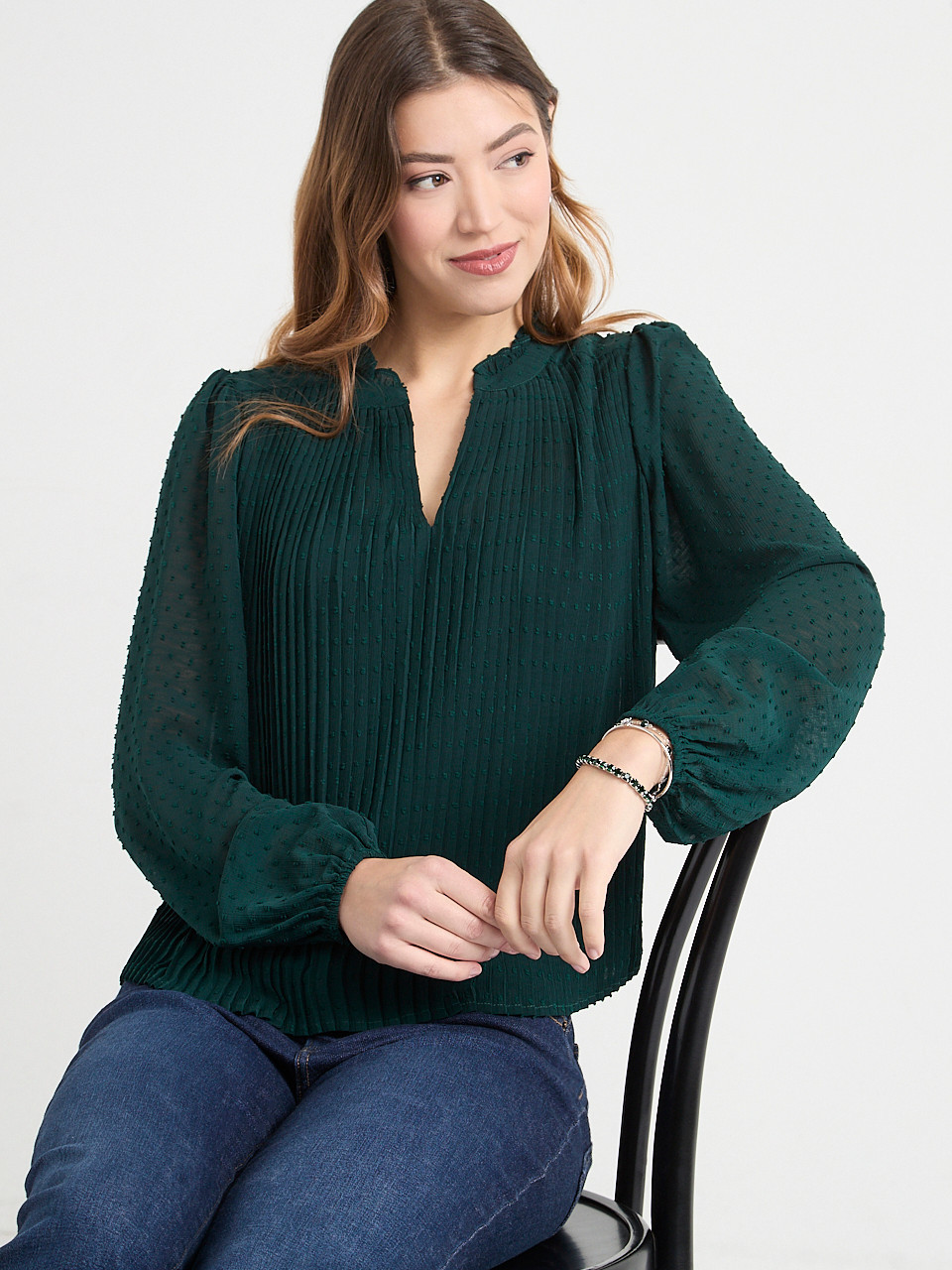Long Sleeve Henley Swiss Dot Blouse in Pine Grove