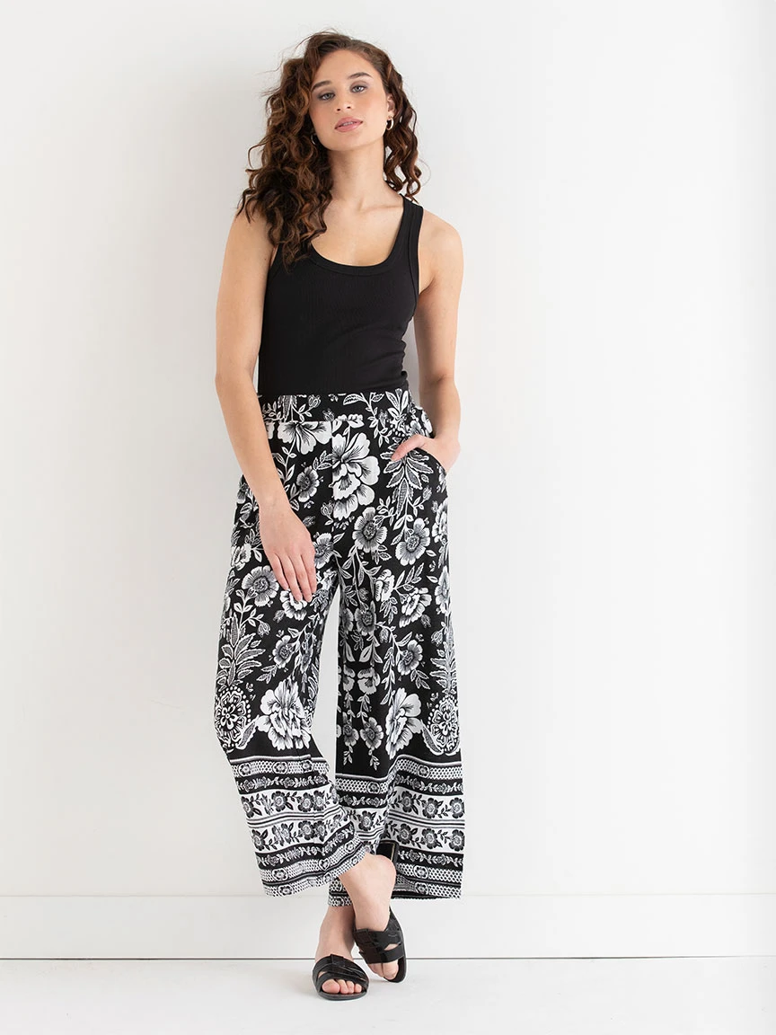 Linen Wide Crop Pant in Black Border Print