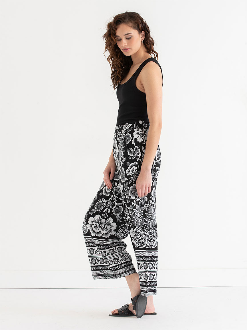 Linen Wide Crop Pant in Black Border Print