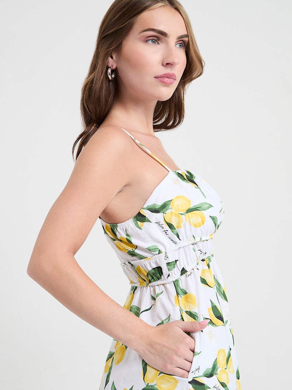Strappy Smocked Poplin Midi Dress in Lemon Print