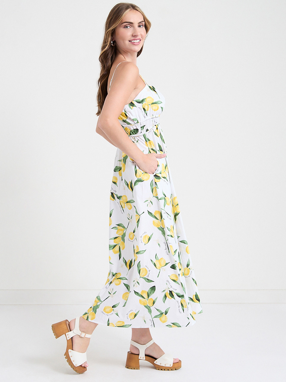 Strappy Smocked Poplin Midi Dress in Lemon Print