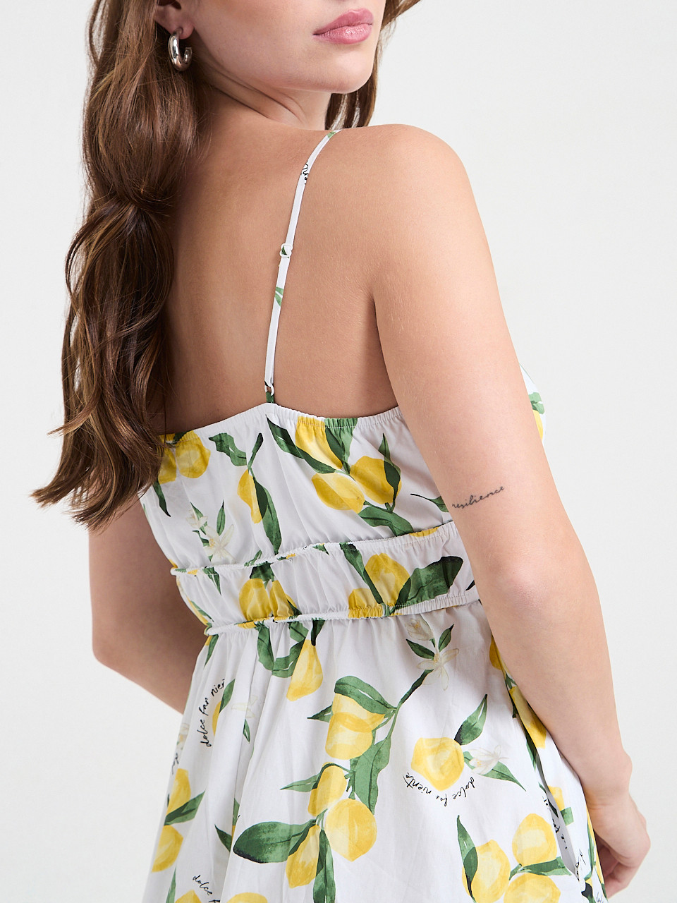 Strappy Smocked Poplin Midi Dress in Lemon Print