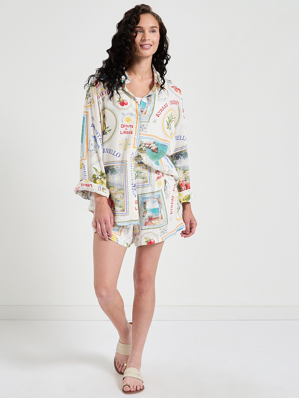 Long Sleeve Linen Shirt in Postcard Print