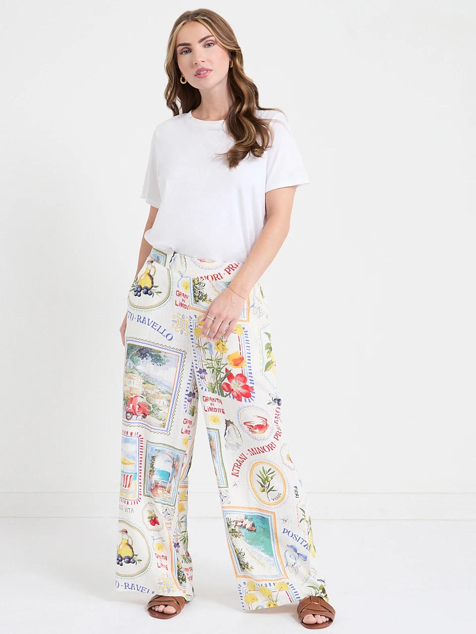 Linen Wide Crop Pant in Postcard Print