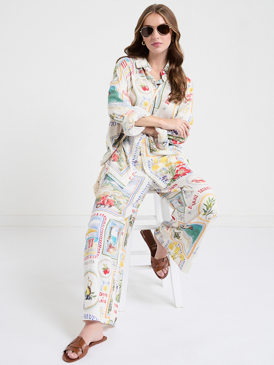 Linen Wide Crop Pant in Postcard Print