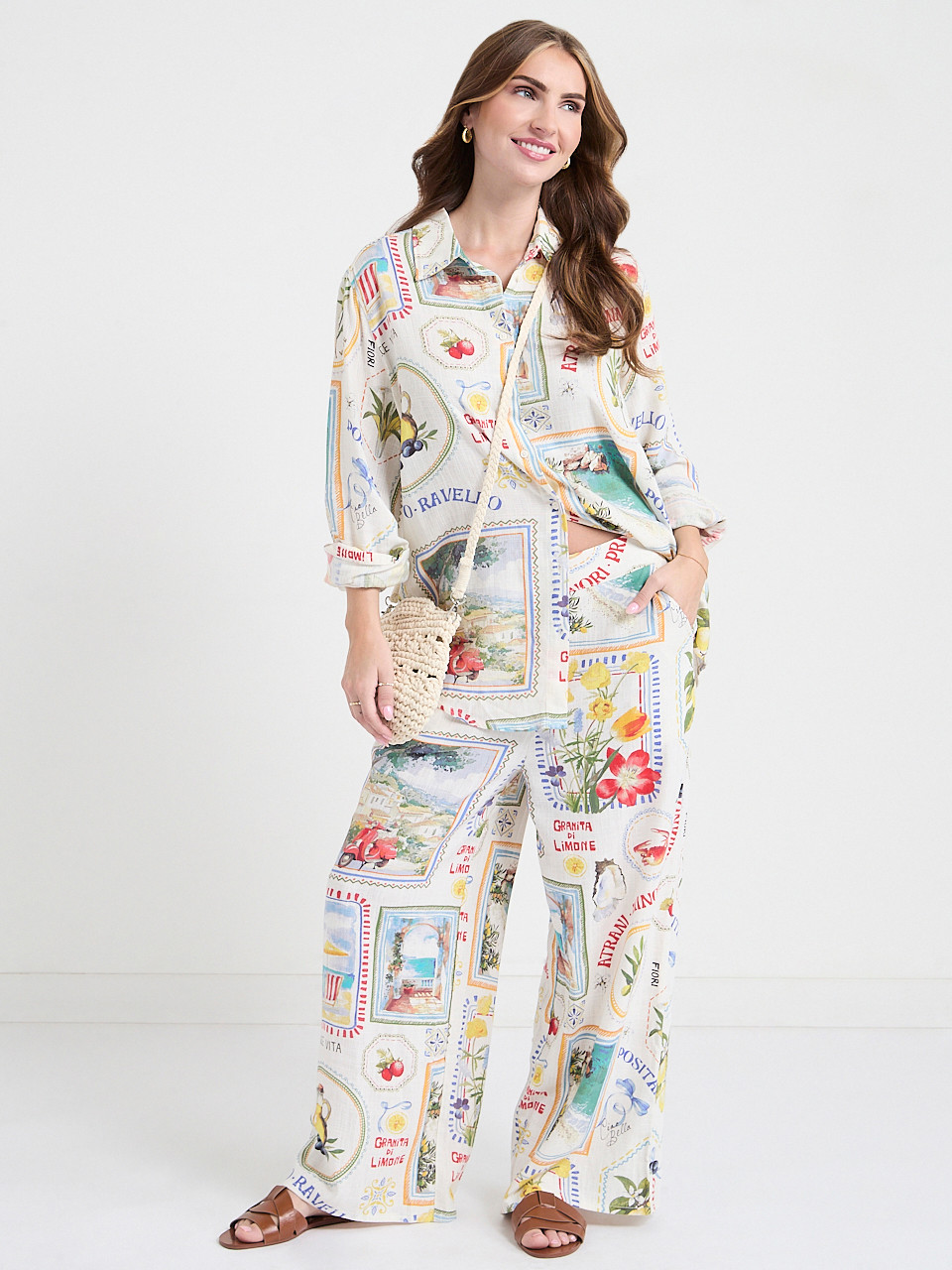 Linen Wide Crop Pant in Postcard Print