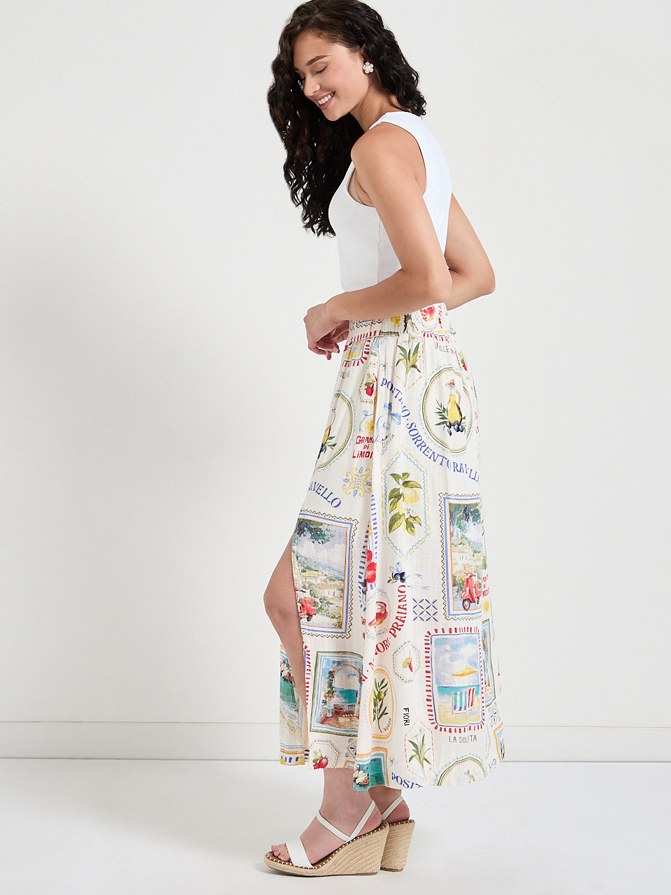 Viscose Linen Midi Skirt in Postcard Print