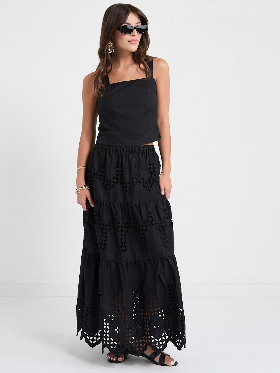 Eyelet Maxi Skirt in Black