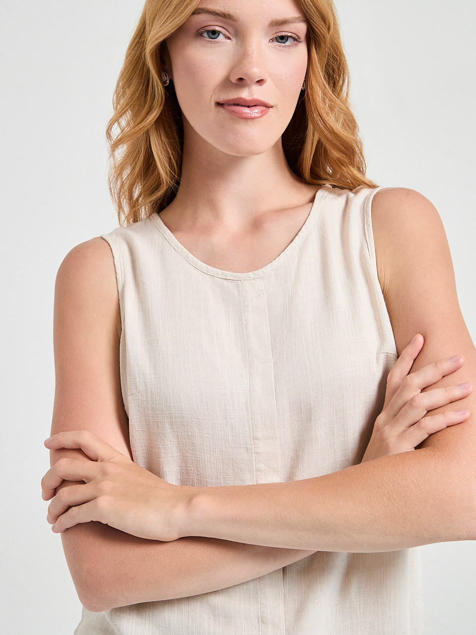 Sleeveless Linen Blend Blouse Island Print