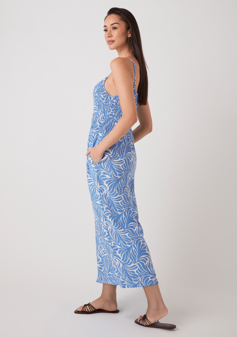 Linen Blend Smocked-Bodice Crop Jumpsuit