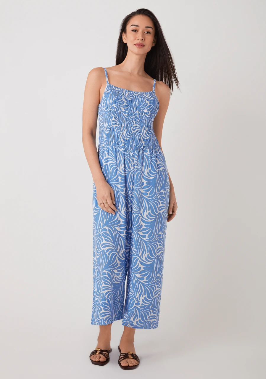 Linen Smocked-Bodice Crop Jumpsuit