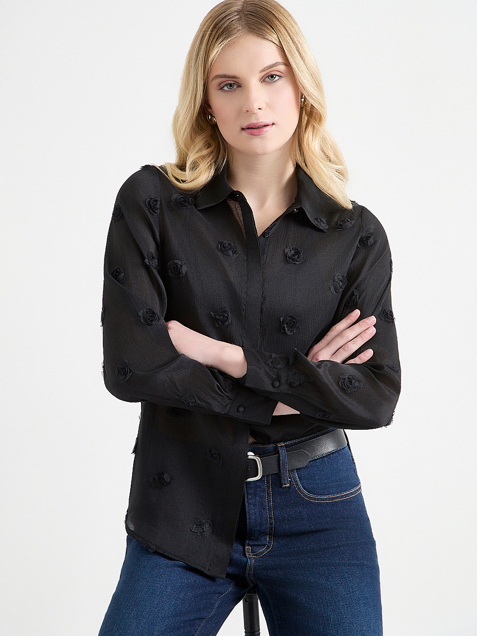 Long Sleeve Floral Applique Blouse