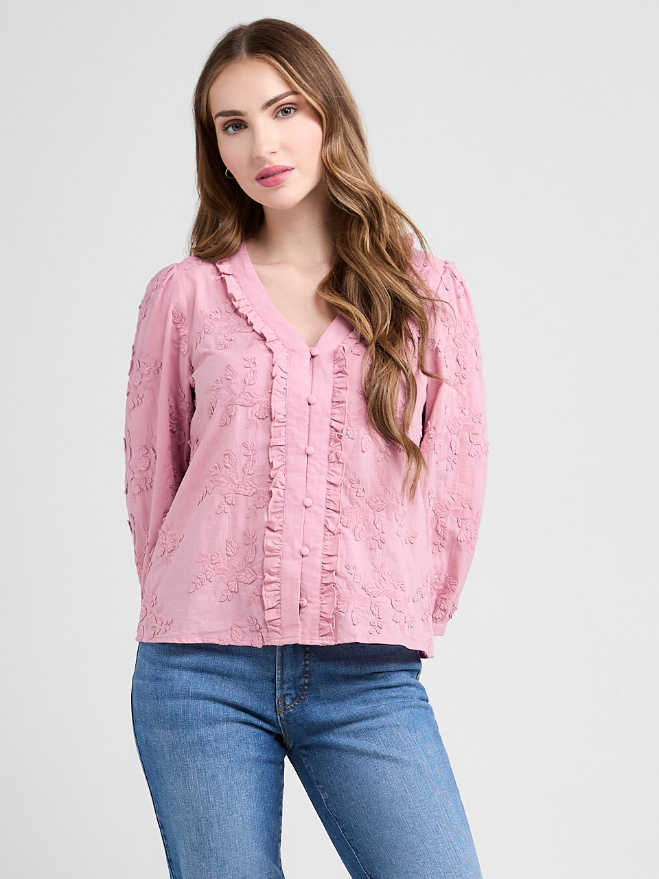 3/4 Sleeve Cotton Ruffle Blouse