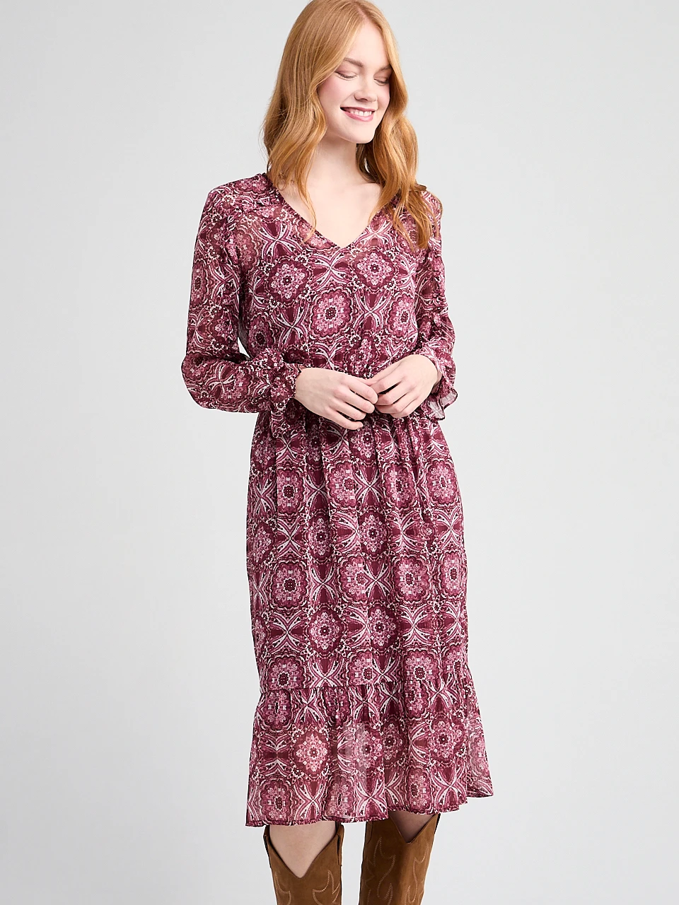 Chiffon V-Neck Ruffle Midi Dress