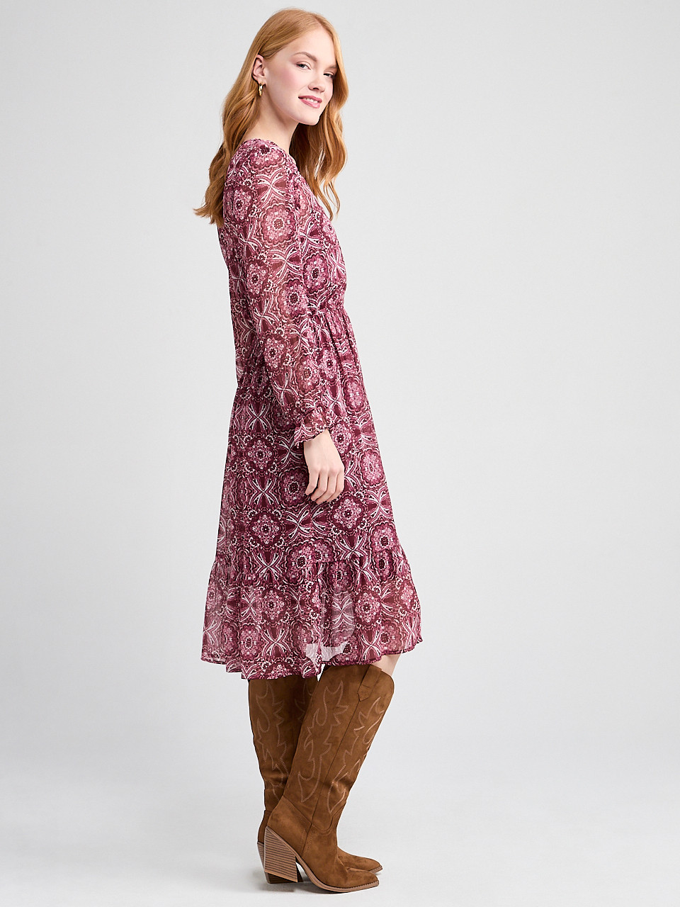 Chiffon V-Neck Ruffle Midi Dress