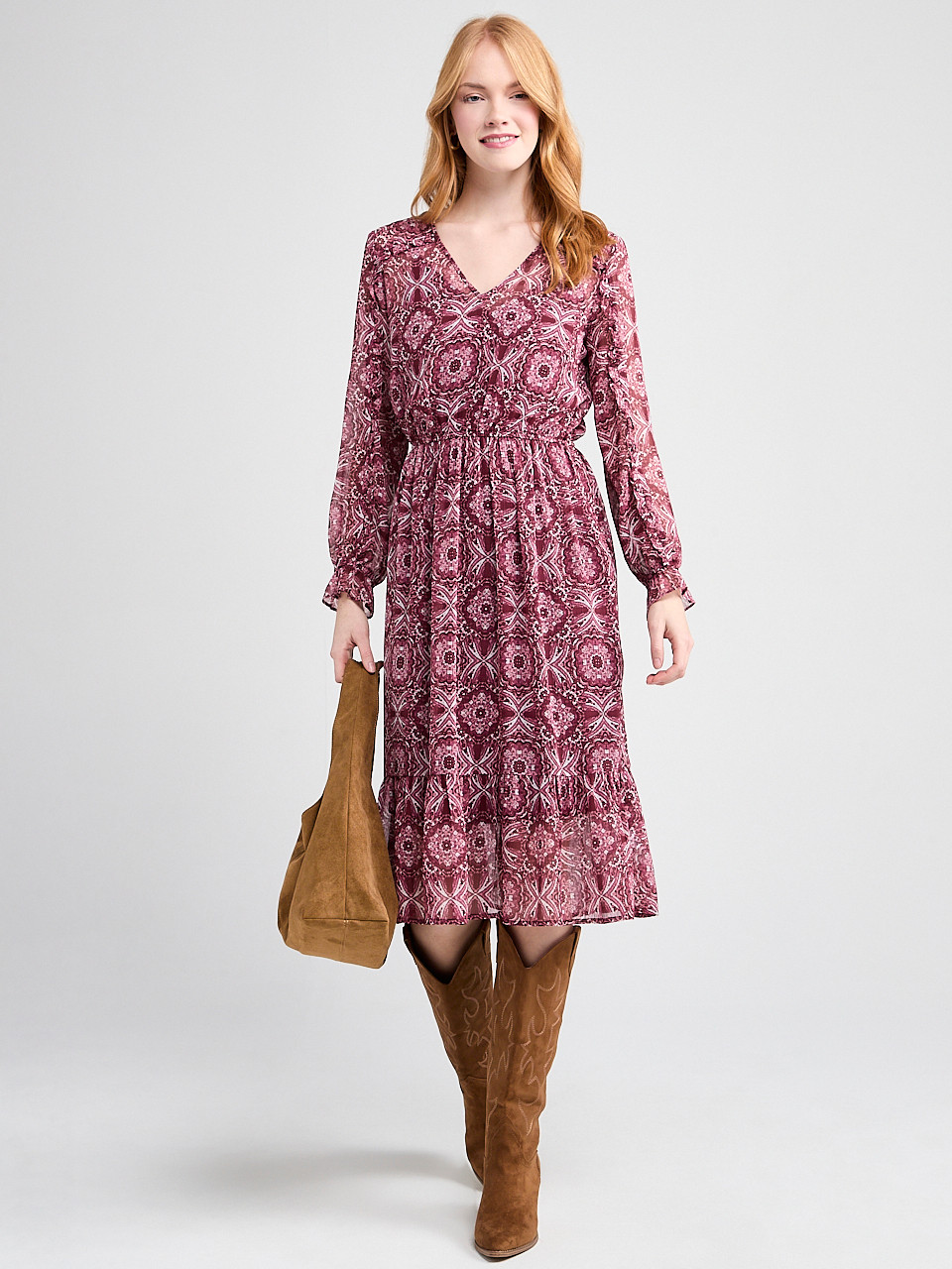 Chiffon V-Neck Ruffle Midi Dress