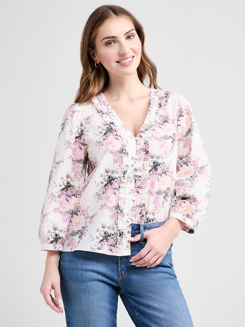Cotton Blouse with 3/4 Sleeves