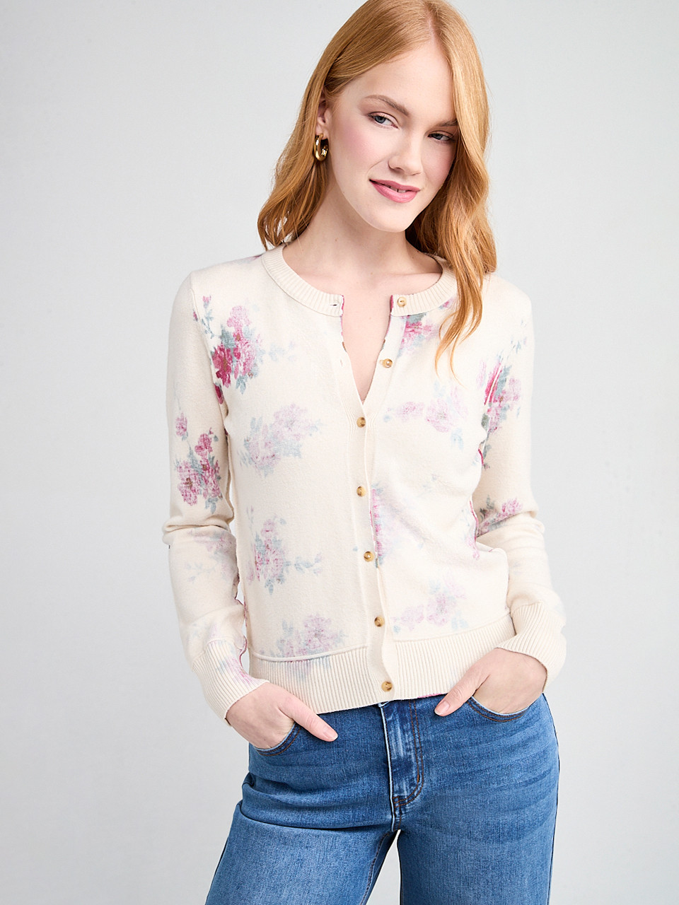 Crewneck Button Front Printed Cardi