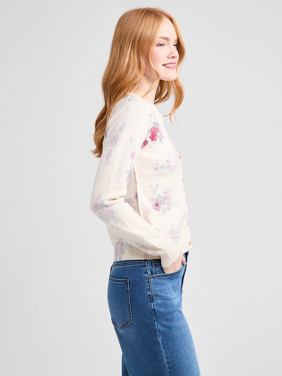 Crewneck Button Front Printed Cardi
