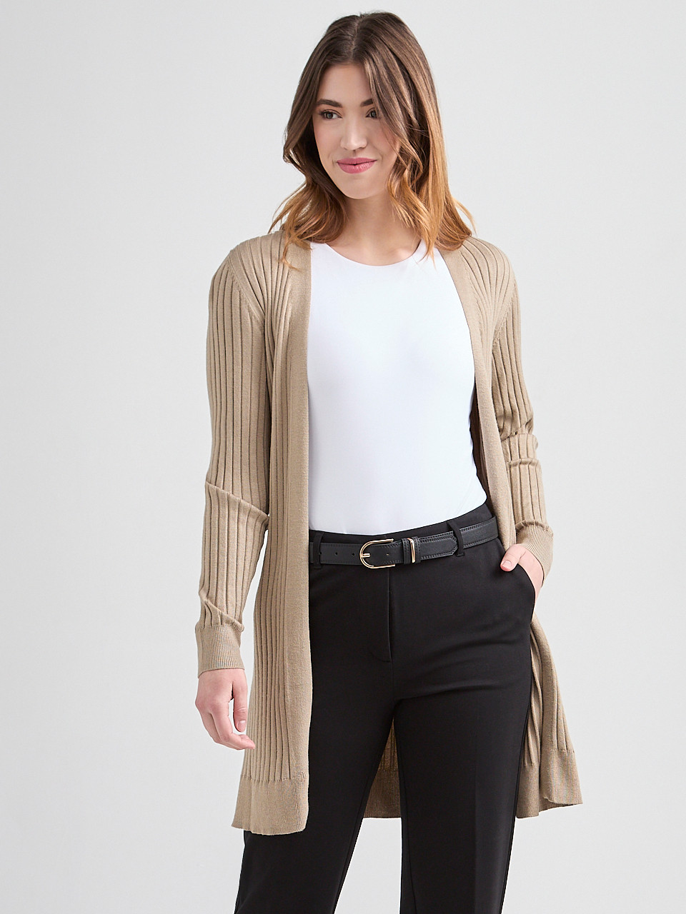 Long Open-Front Ribbed Cardigan