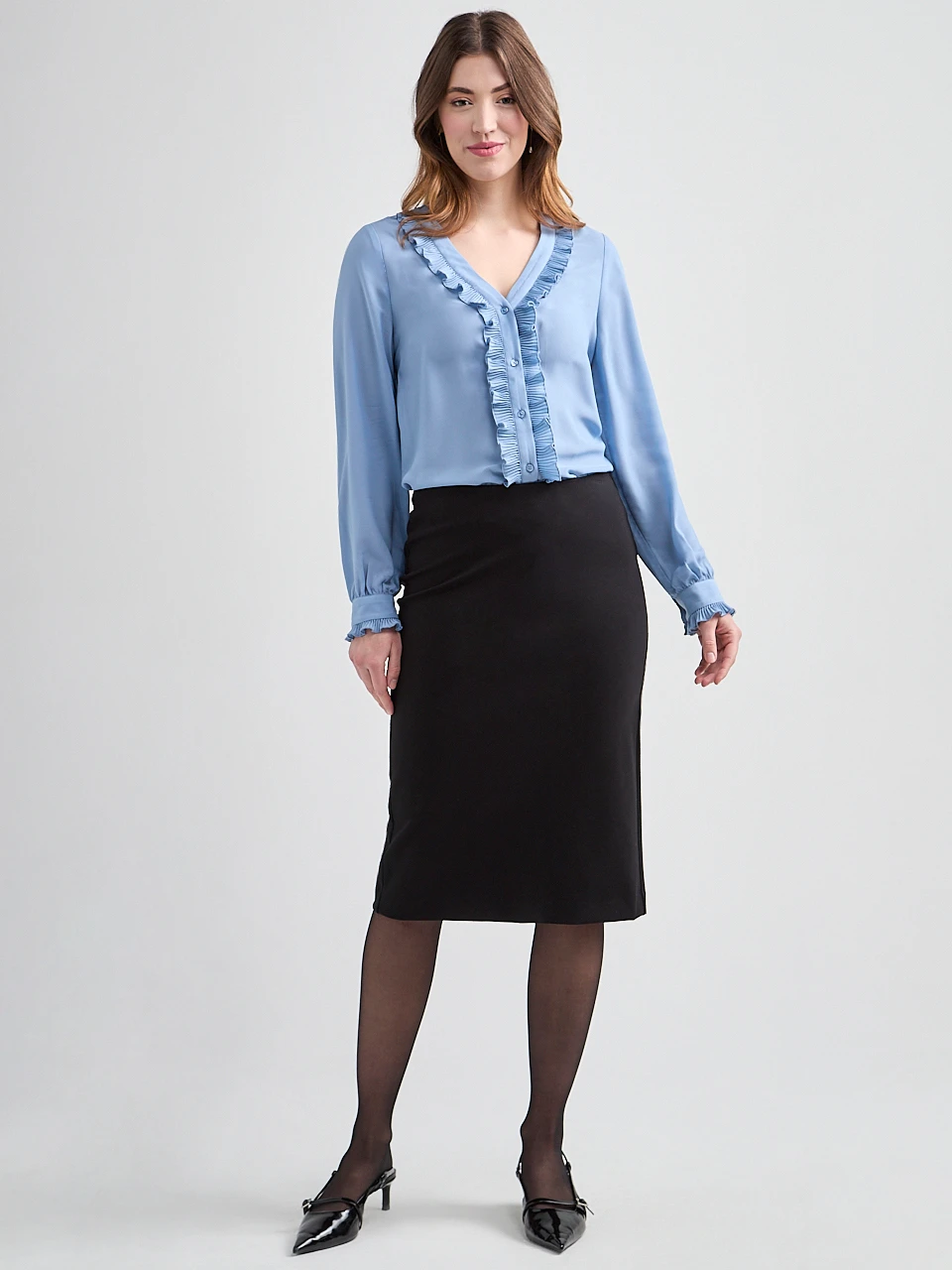 Long Sleeve Ruffle Detail Pleated Blouse