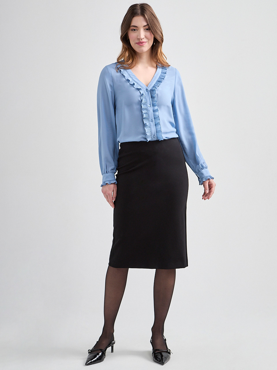 Long Sleeve Ruffle Detail Pleated Blouse