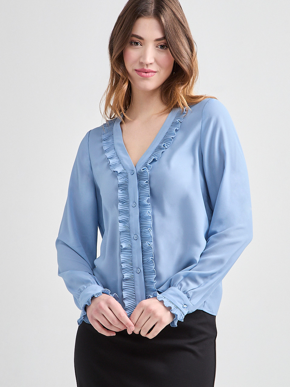 Long Sleeve Ruffle Detail Pleated Blouse