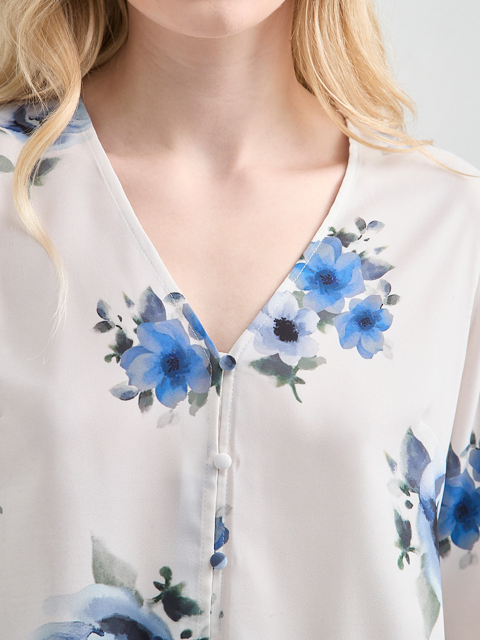 Long Sleeve V-Neck Button Blouse