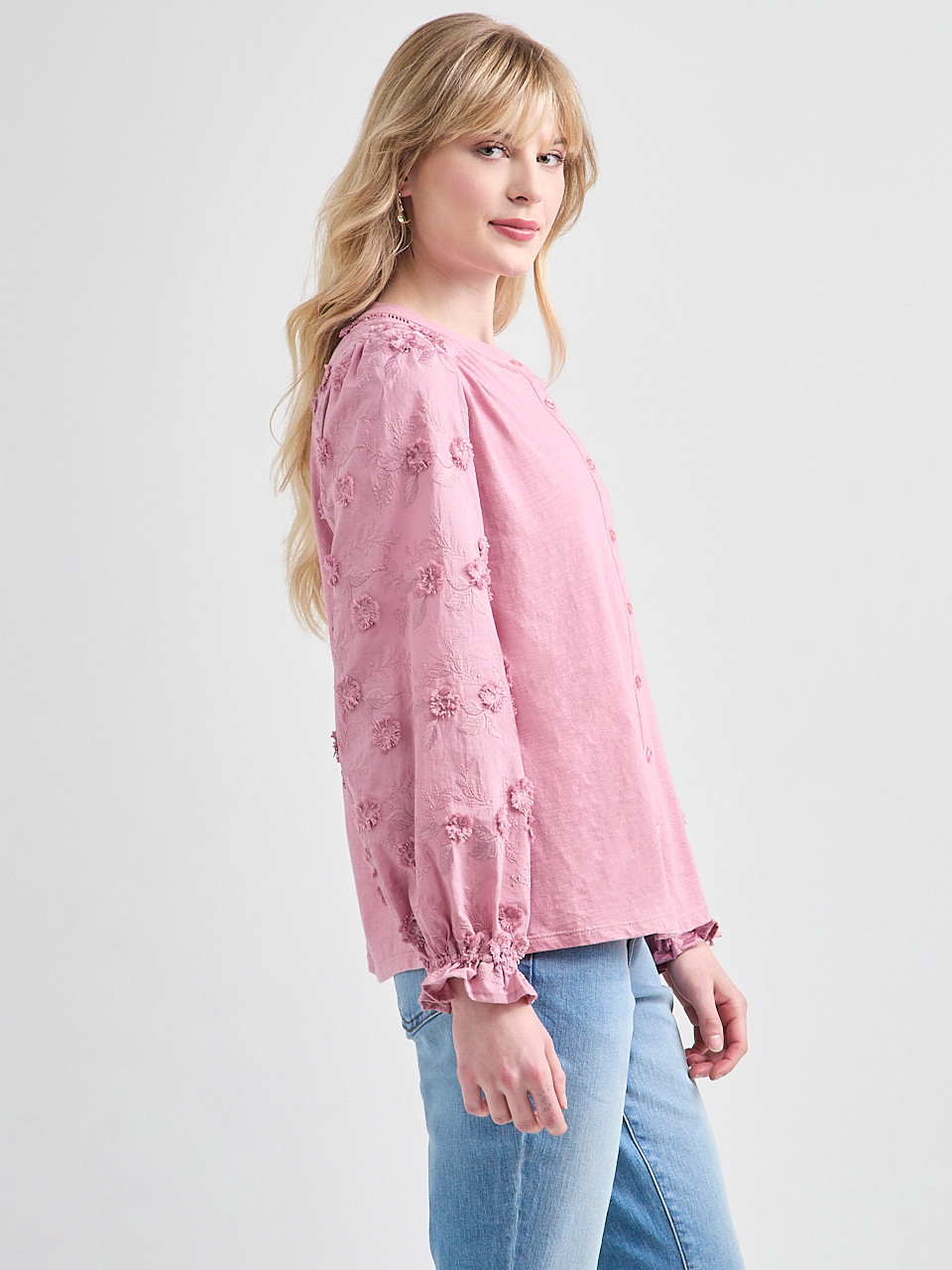 Long-Sleeved Cotton Voile Blouse with Knit Body