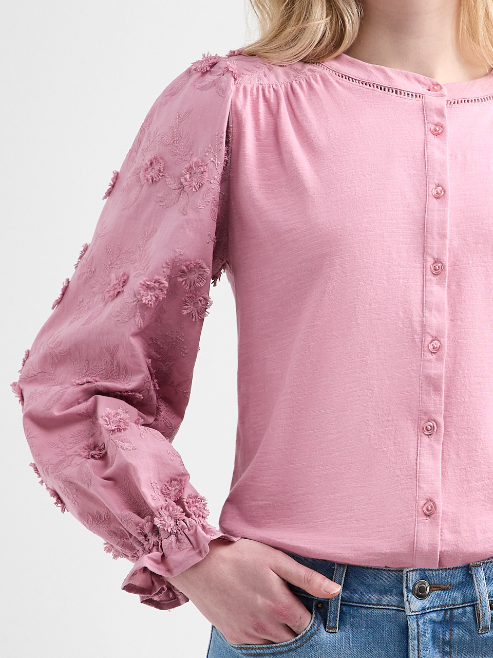 Long-Sleeved Cotton Voile Blouse with Knit Body