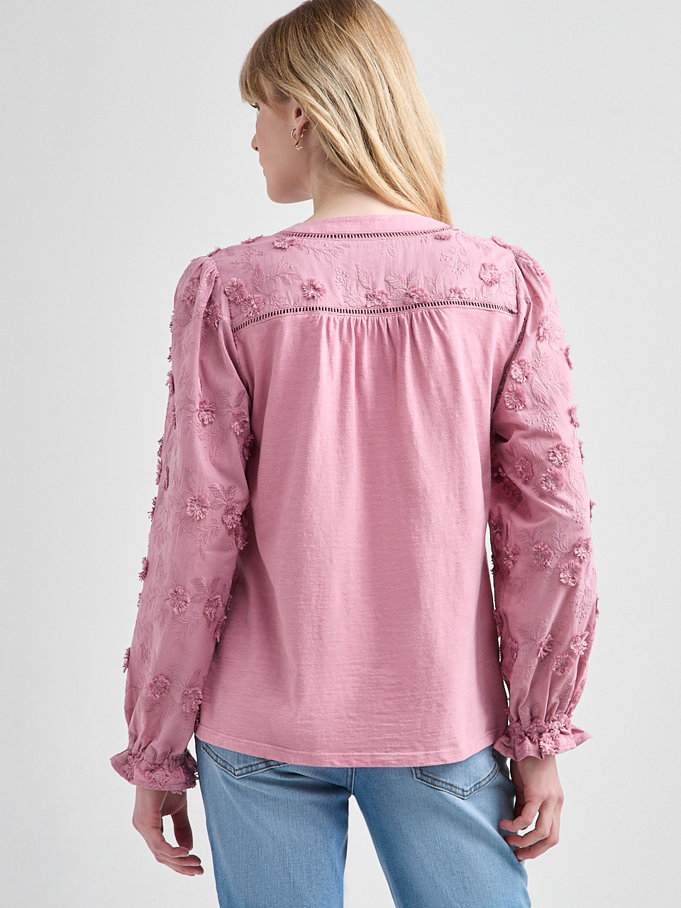 Long-Sleeved Cotton Voile Blouse with Knit Body