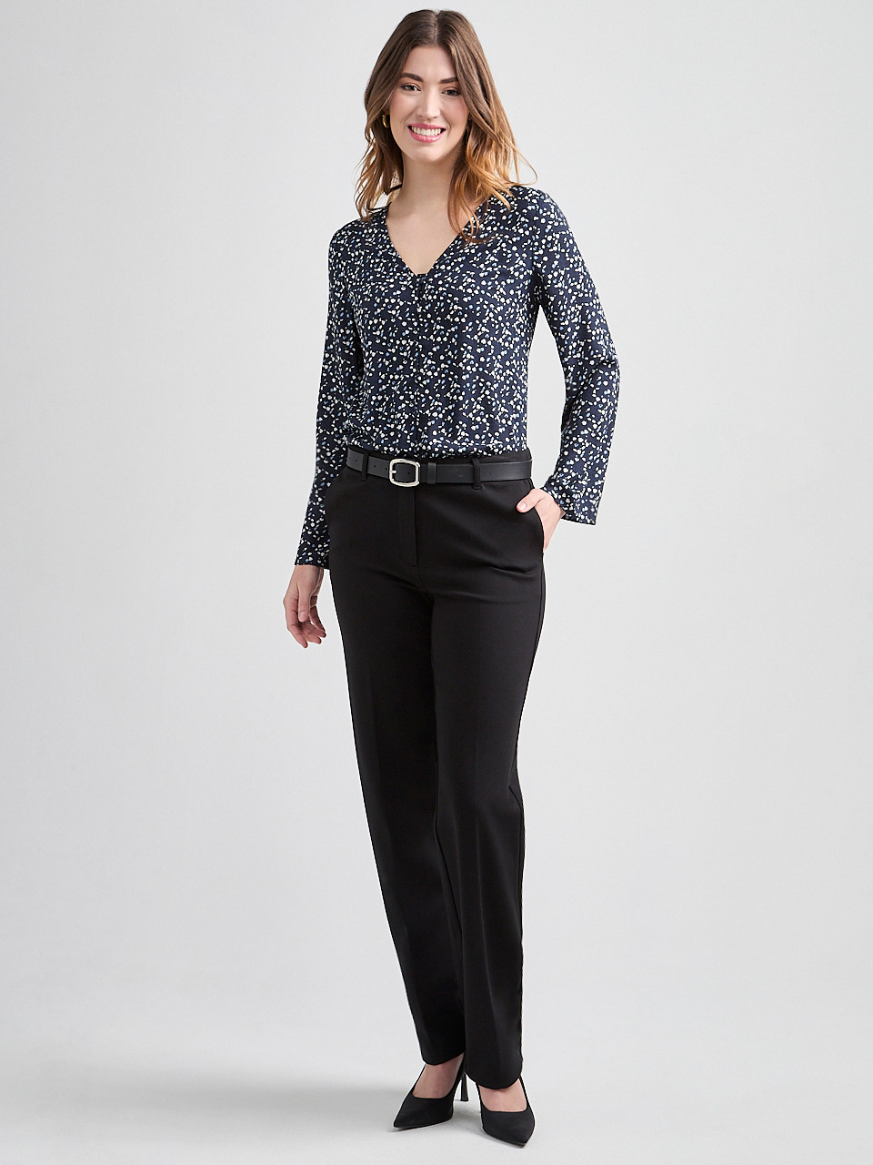 Long-Sleeved V-Neck Button Blouse