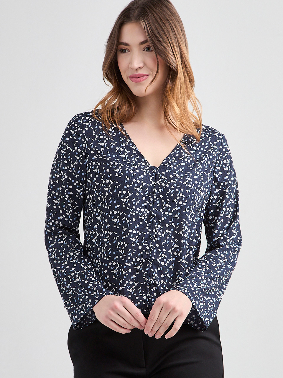 Long-Sleeved V-Neck Button Blouse