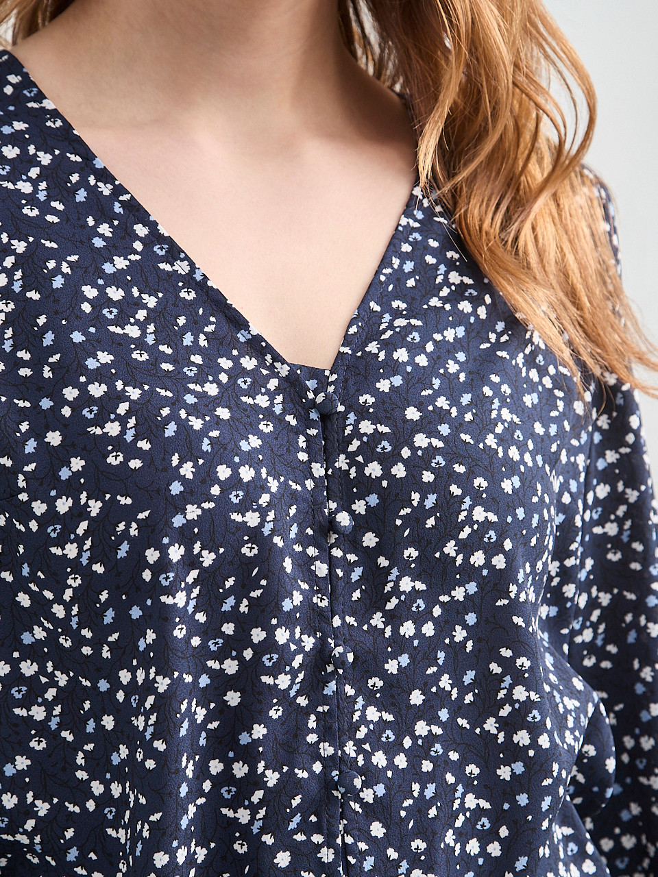 Long-Sleeved V-Neck Button Blouse