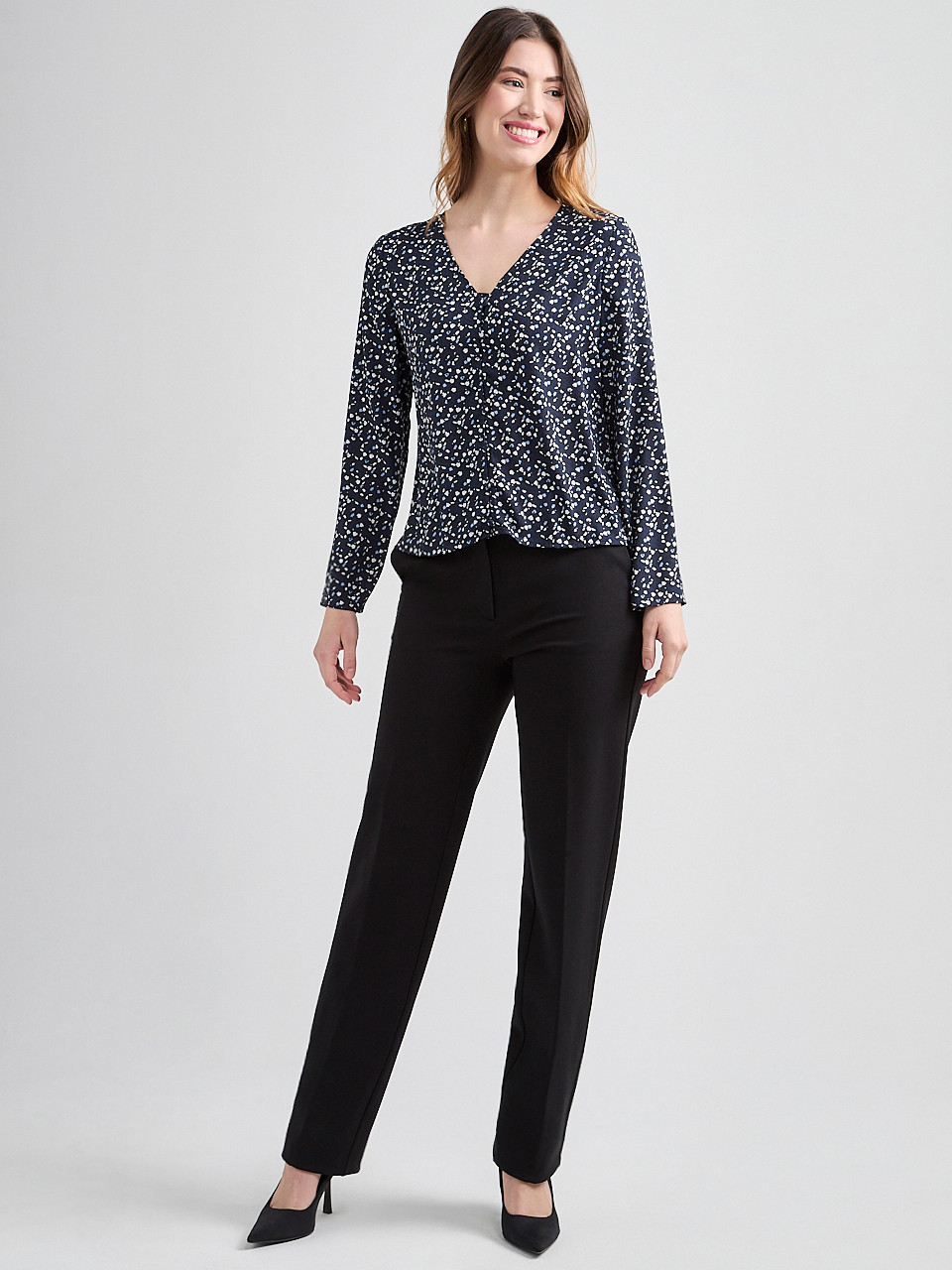Long-Sleeved V-Neck Button Blouse