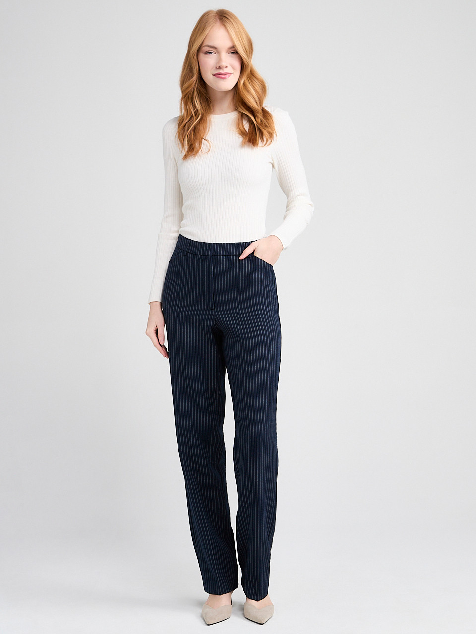 Mid Rise Tailored Relaxed Fit Straight Pant in Pinstripe | Ricki's
