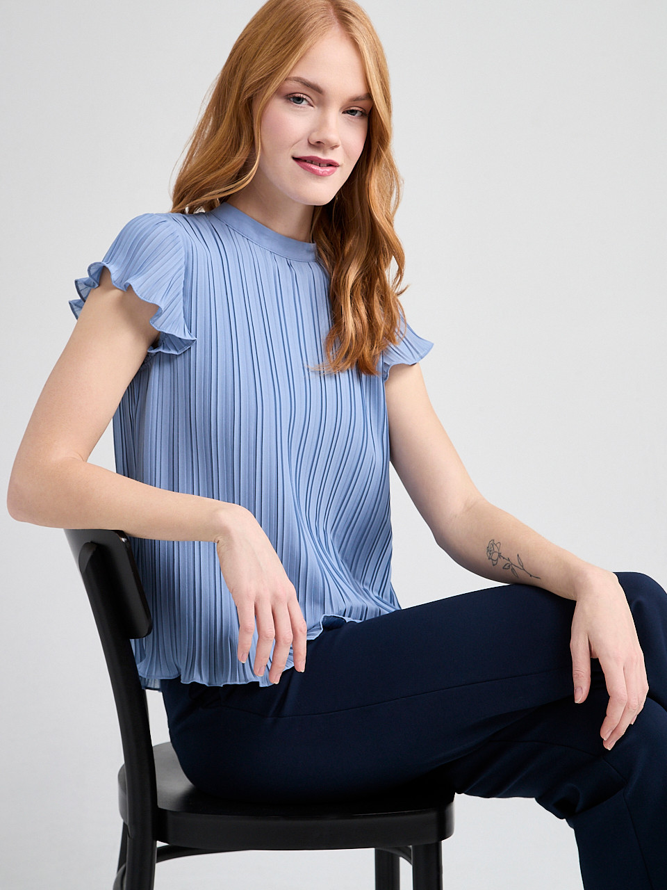 Pleated Blouse with Flutter Sleeves