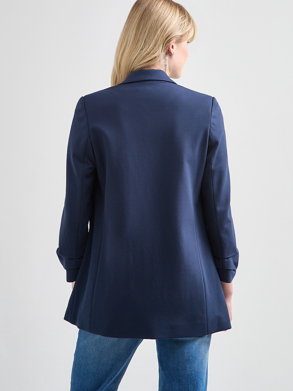 Ponte Ruched-Sleeve Long Line Blazer