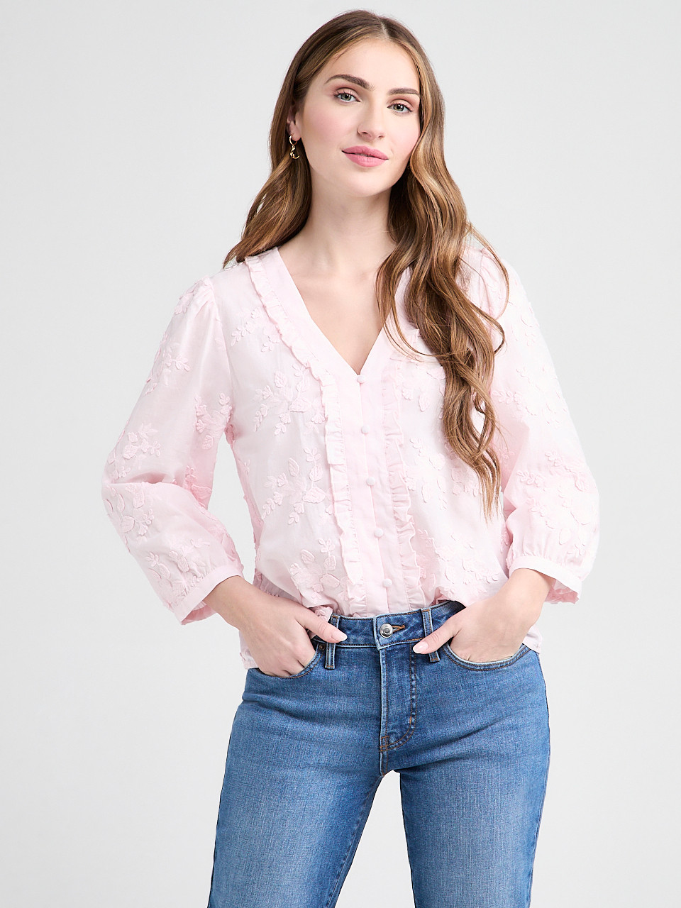 Ruffled Cotton Blouse with 3/4 Sleeves