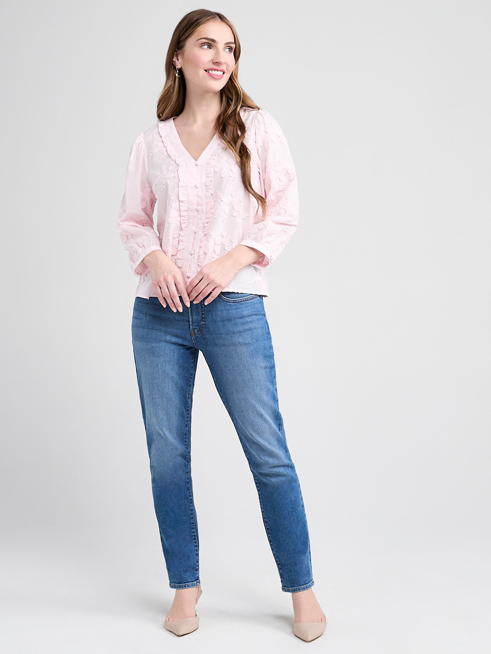 Ruffled Cotton Blouse with 3/4 Sleeves