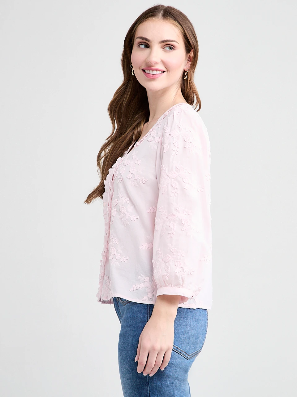 Ruffled Cotton Blouse with 3/4 Sleeves
