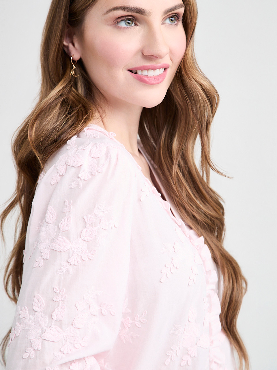 Ruffled Cotton Blouse with 3/4 Sleeves