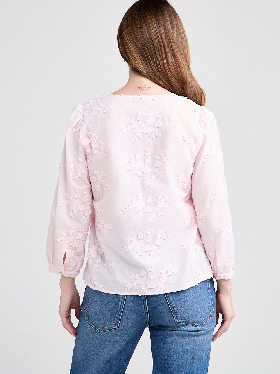 Ruffled Cotton Blouse with 3/4 Sleeves