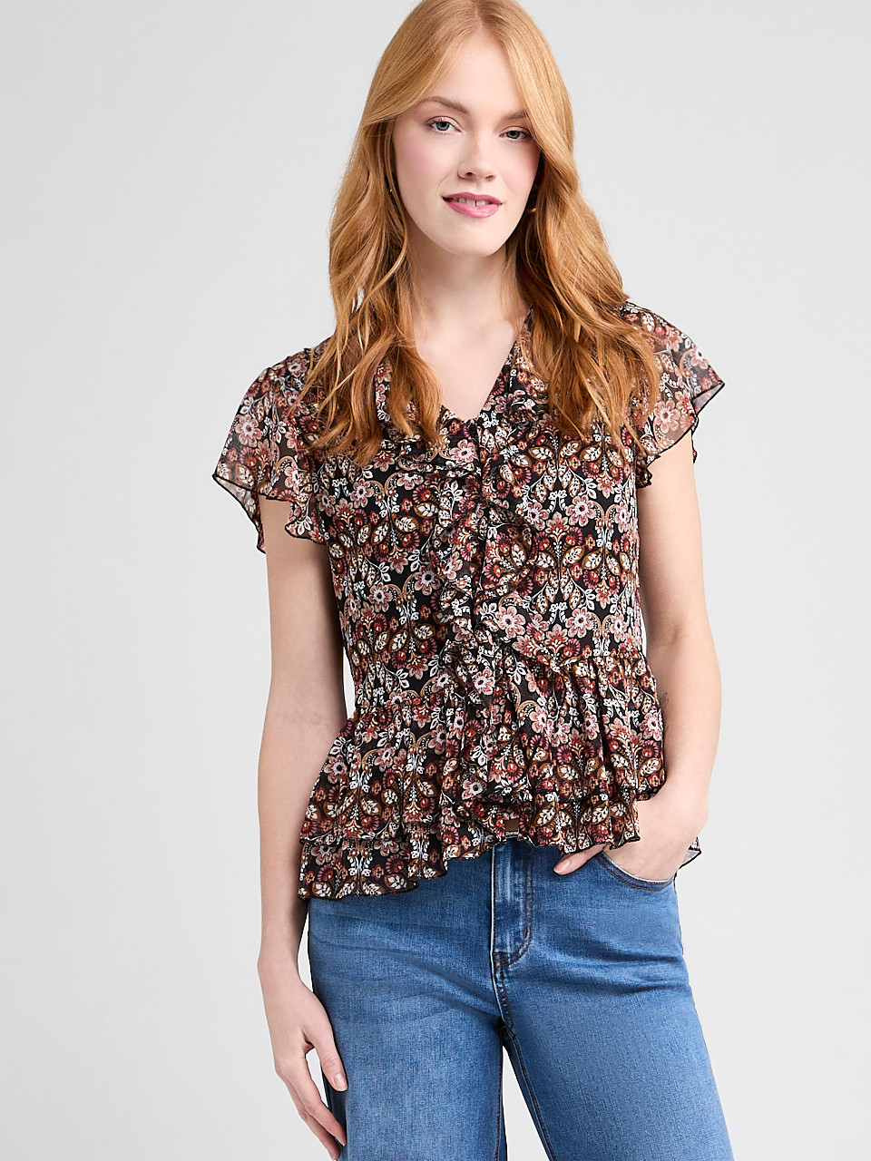 Short Flutter Sleeve Blouse Boho Ditsy