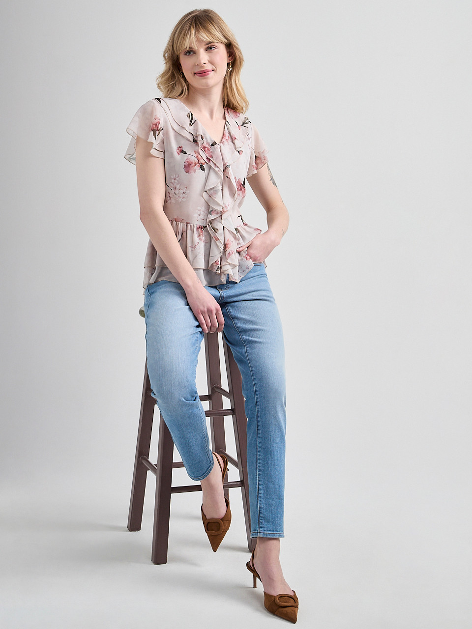 Short Flutter Sleeve Blouse Boho Floral