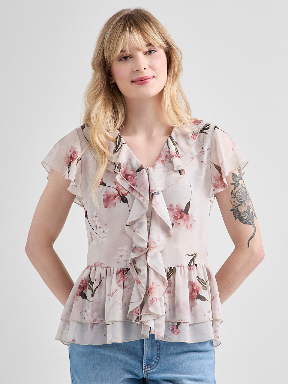 Short Flutter Sleeve Blouse Boho Floral
