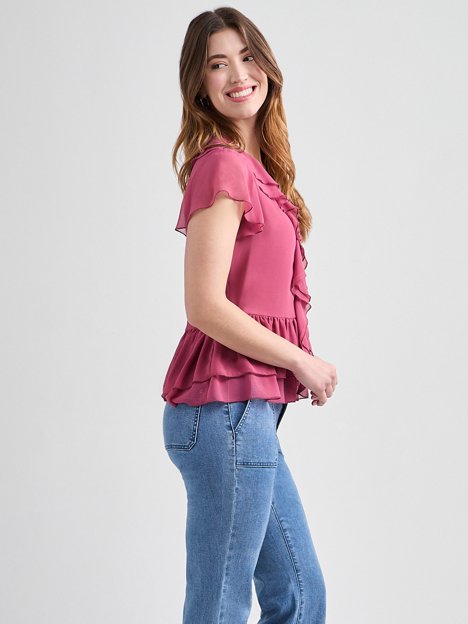 Short Flutter Sleeve Blouse in Mulberry