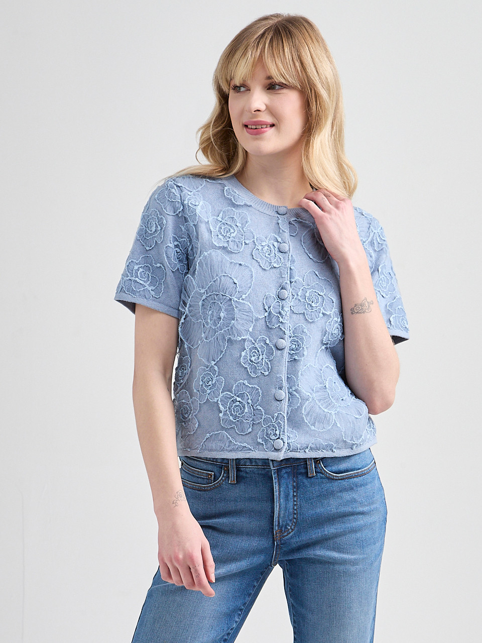 Short Sleeve Woven Overlay Cardigan Sweater