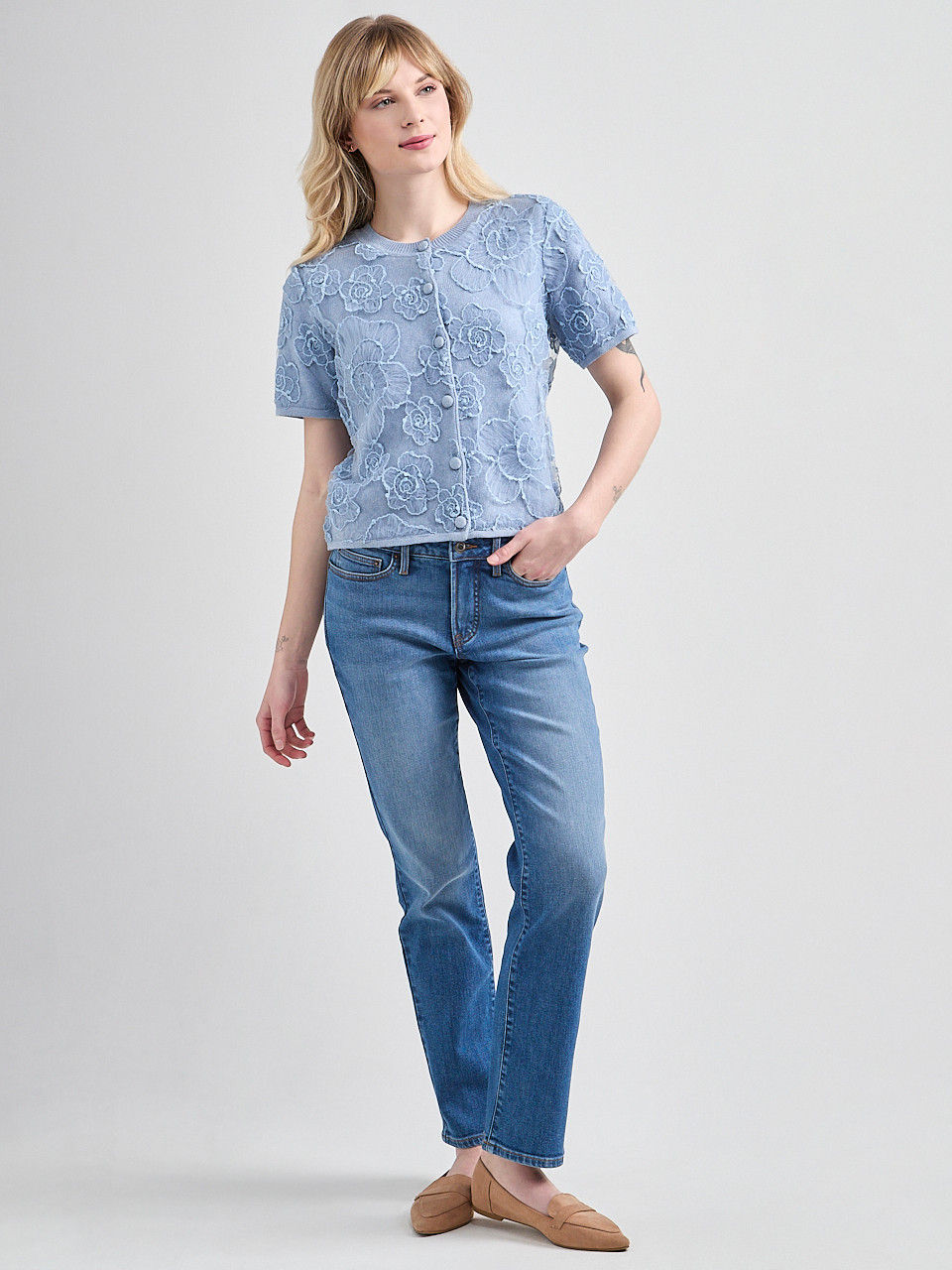 Short Sleeve Woven Overlay Cardigan Sweater